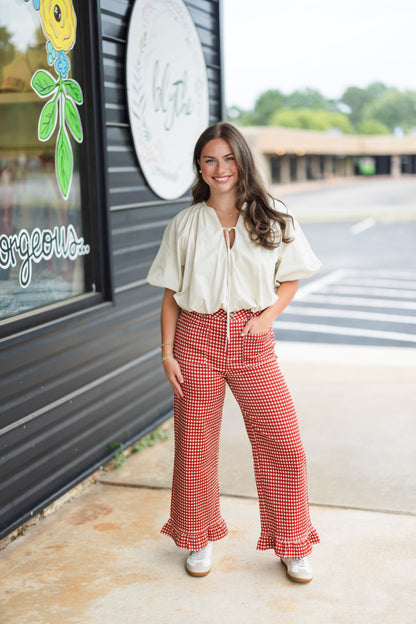 Eloise Gingham Ruffle Pant in Rust