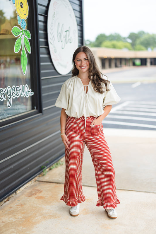 Eloise Gingham Ruffle Pant in Rust