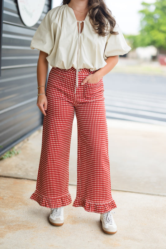 Eloise Gingham Ruffle Pant in Rust