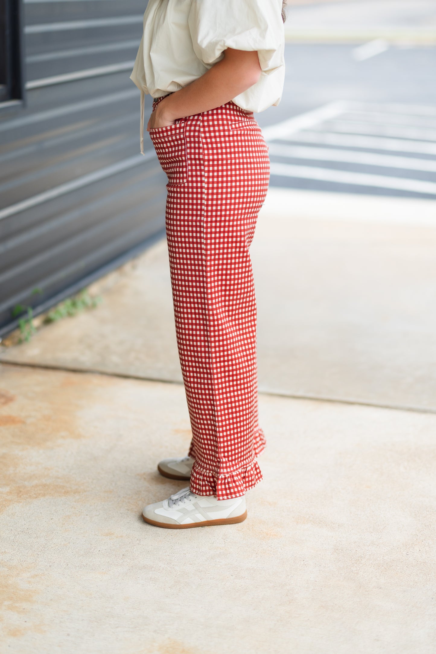 Eloise Gingham Ruffle Pant in Rust