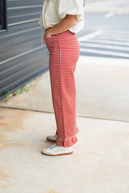 Eloise Gingham Ruffle Pant in Rust