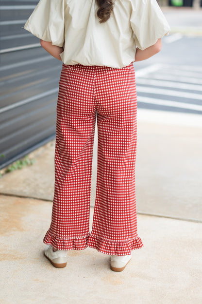 Eloise Gingham Ruffle Pant in Rust
