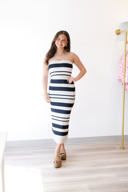 Maxime Knit Strapless Midi in White/Navy