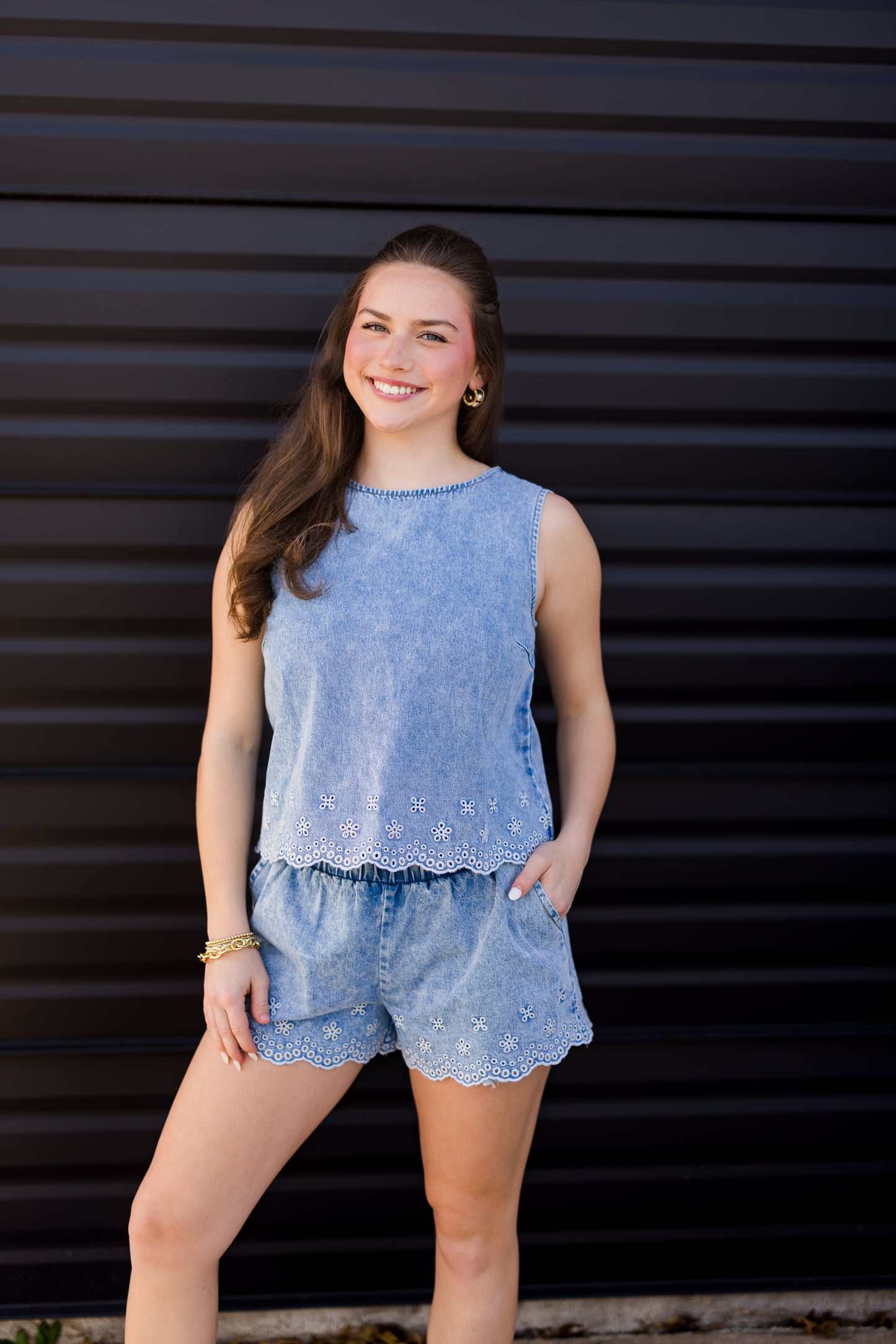 Embroidered Denim Shorts W/Scalloped Hem