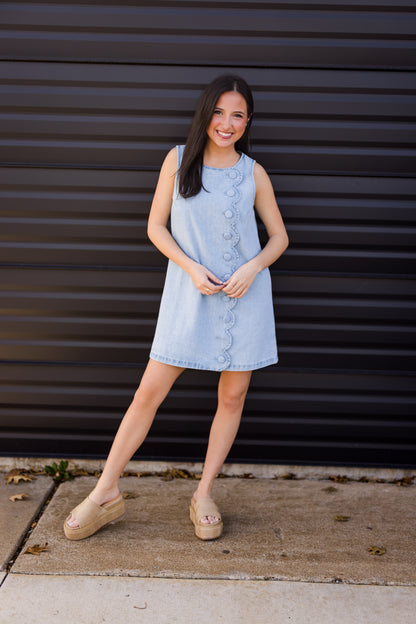 Scallop Button Detailed Denim Mini Dress