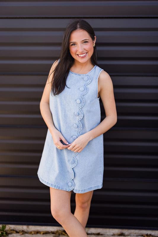 Scallop Button Detailed Denim Mini Dress