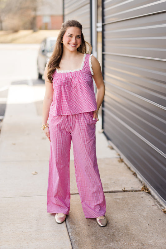 Gingham Babydoll Top W/Eyelet Trim