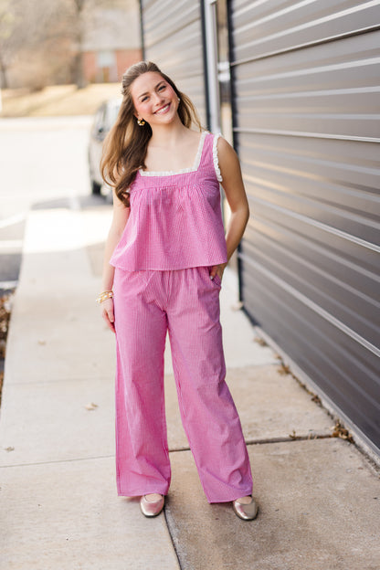 Gingham Babydoll Top W/Eyelet Trim