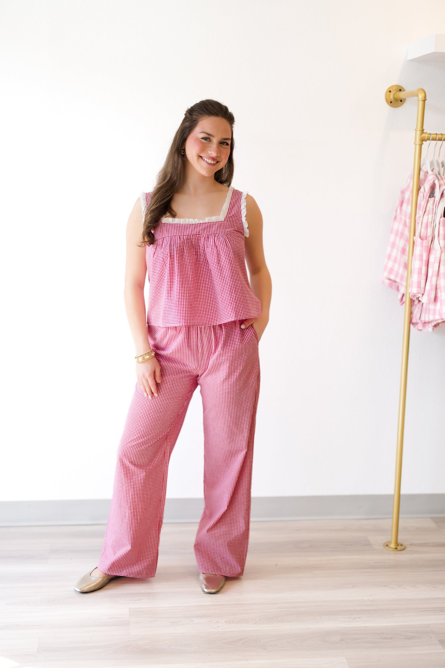 Gingham Babydoll Top W/Eyelet Trim