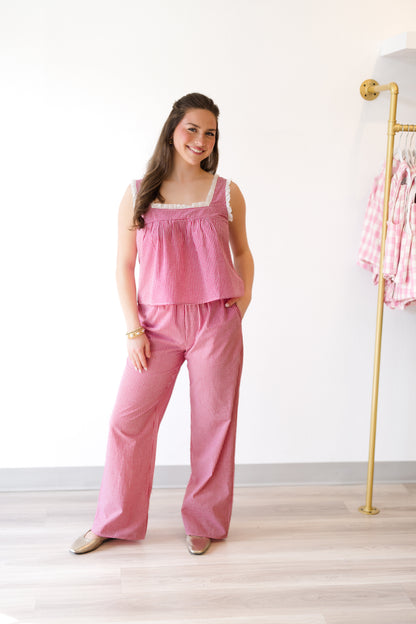 Gingham Babydoll Top W/Eyelet Trim