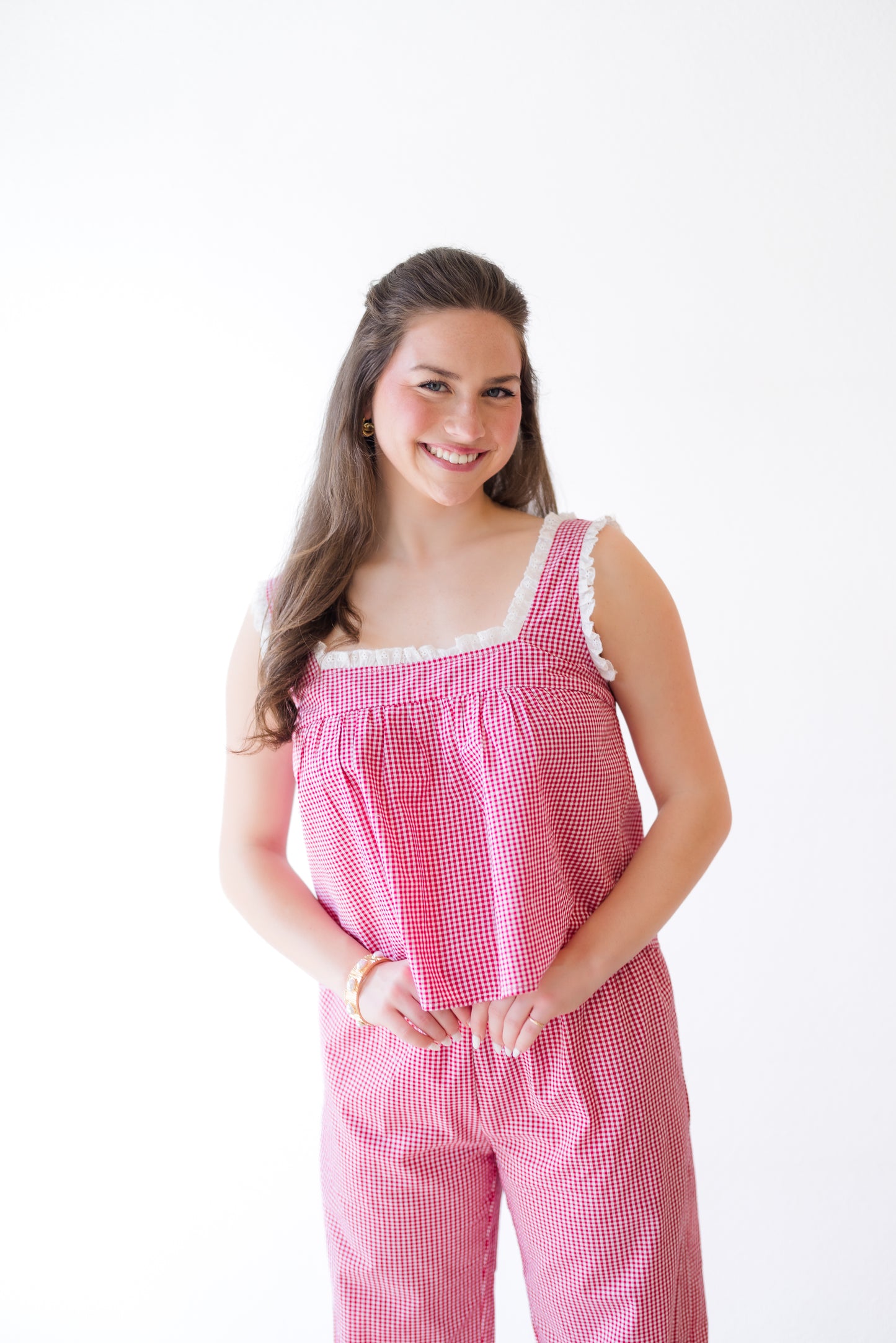 Gingham Babydoll Top W/Eyelet Trim