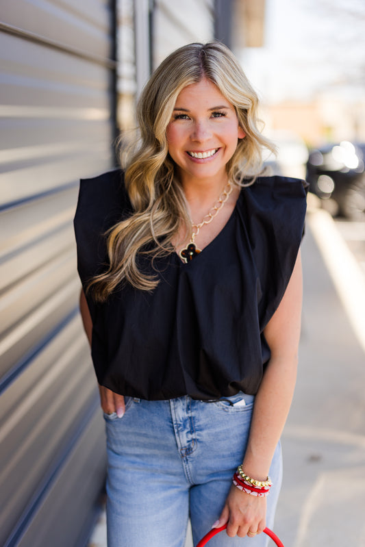 Black Poplin VNeck Bubble Top