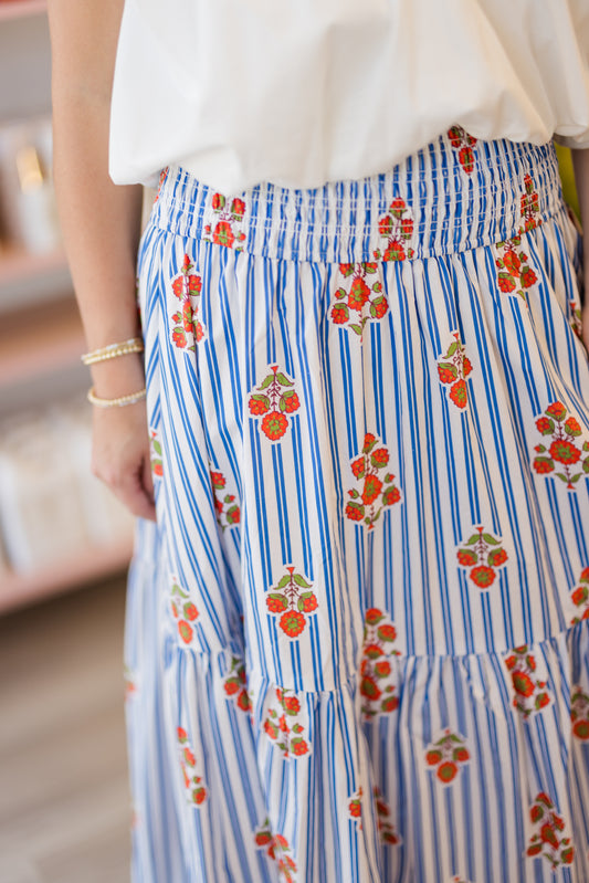 Bloom Stripe Floral Smock Tier Maxi Skirt