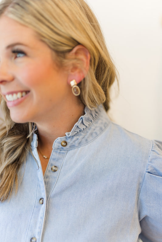 Sutton Denim Ruffle Neck Button Up Top