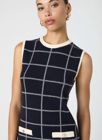 FINAL SALE Check Sleeveless Crew Dress in Marine