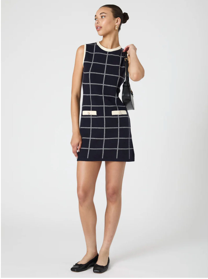FINAL SALE Check Sleeveless Crew Dress in Marine