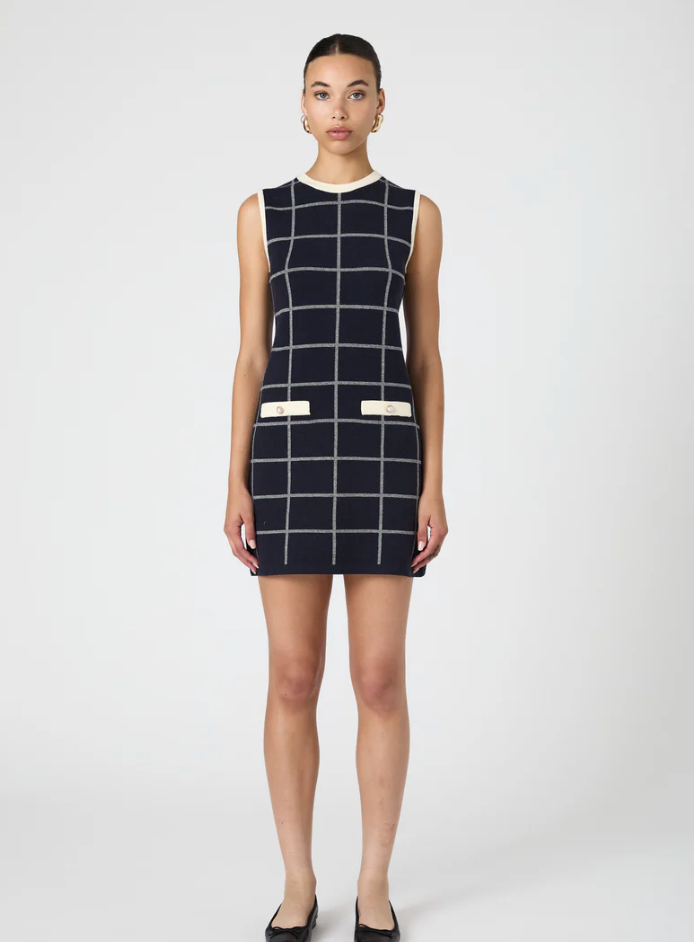 FINAL SALE Check Sleeveless Crew Dress in Marine