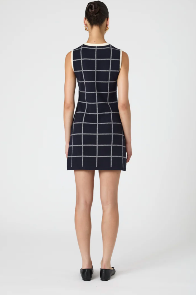 FINAL SALE Check Sleeveless Crew Dress in Marine