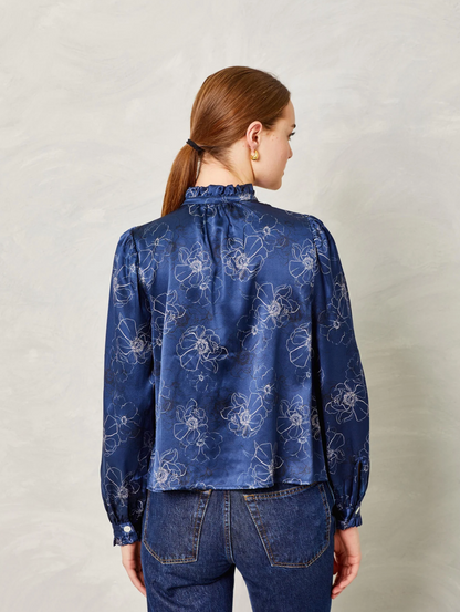 FINAL SALE Dolly Silk Floral Navy Blouse