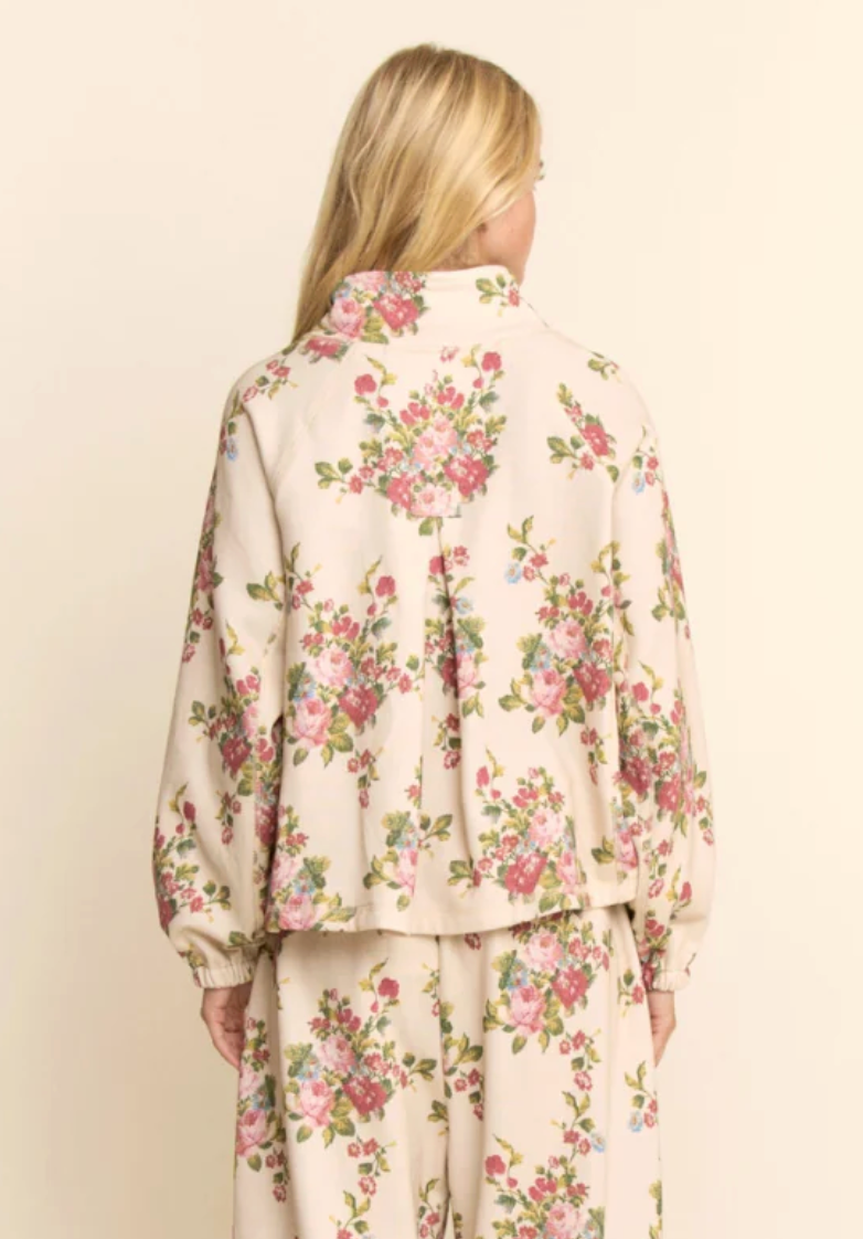 Flower Printed Half Zip in Ivory Floral
