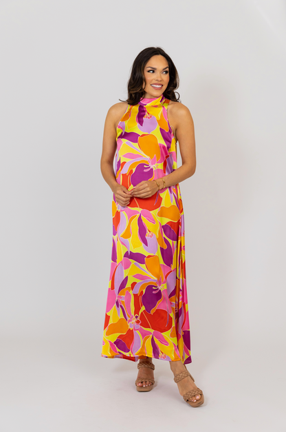 Floral Satin Mock Halter Maxi