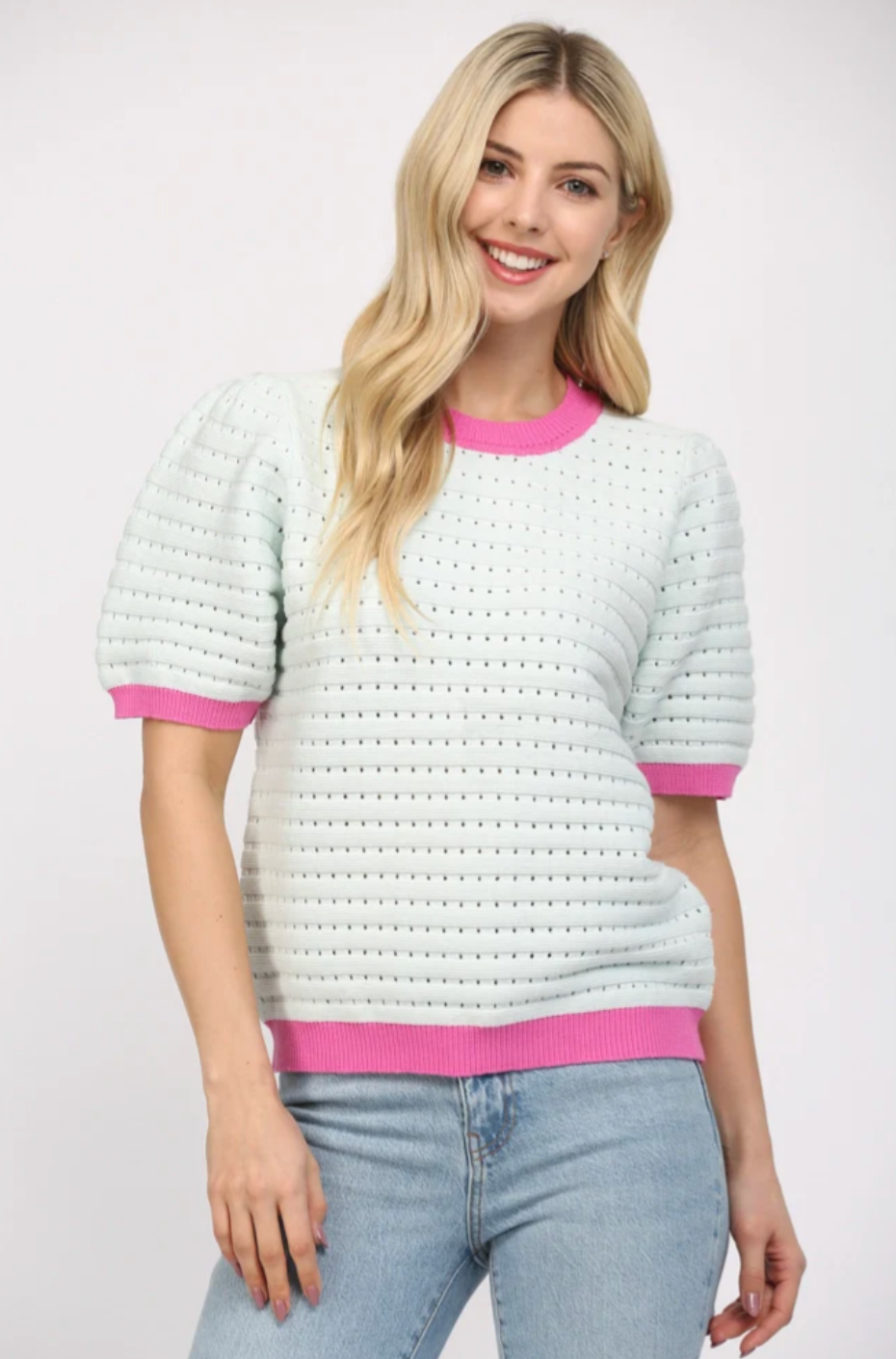 Blue Knit Top w/Magenta Trim