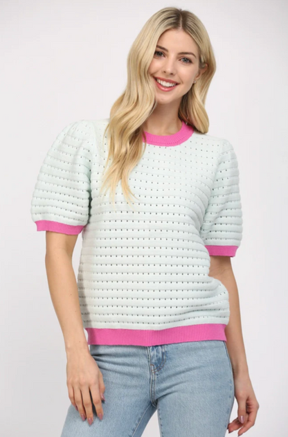 Blue Knit Top w/Magenta Trim