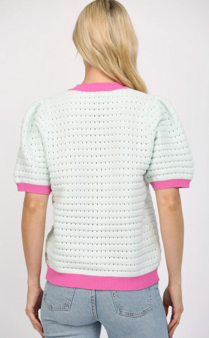 Blue Knit Top w/Magenta Trim