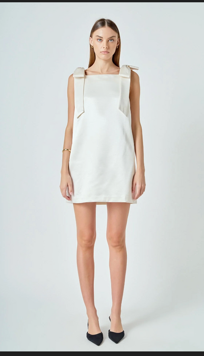 Velvet Satin Bow Mini Dress in Ivory