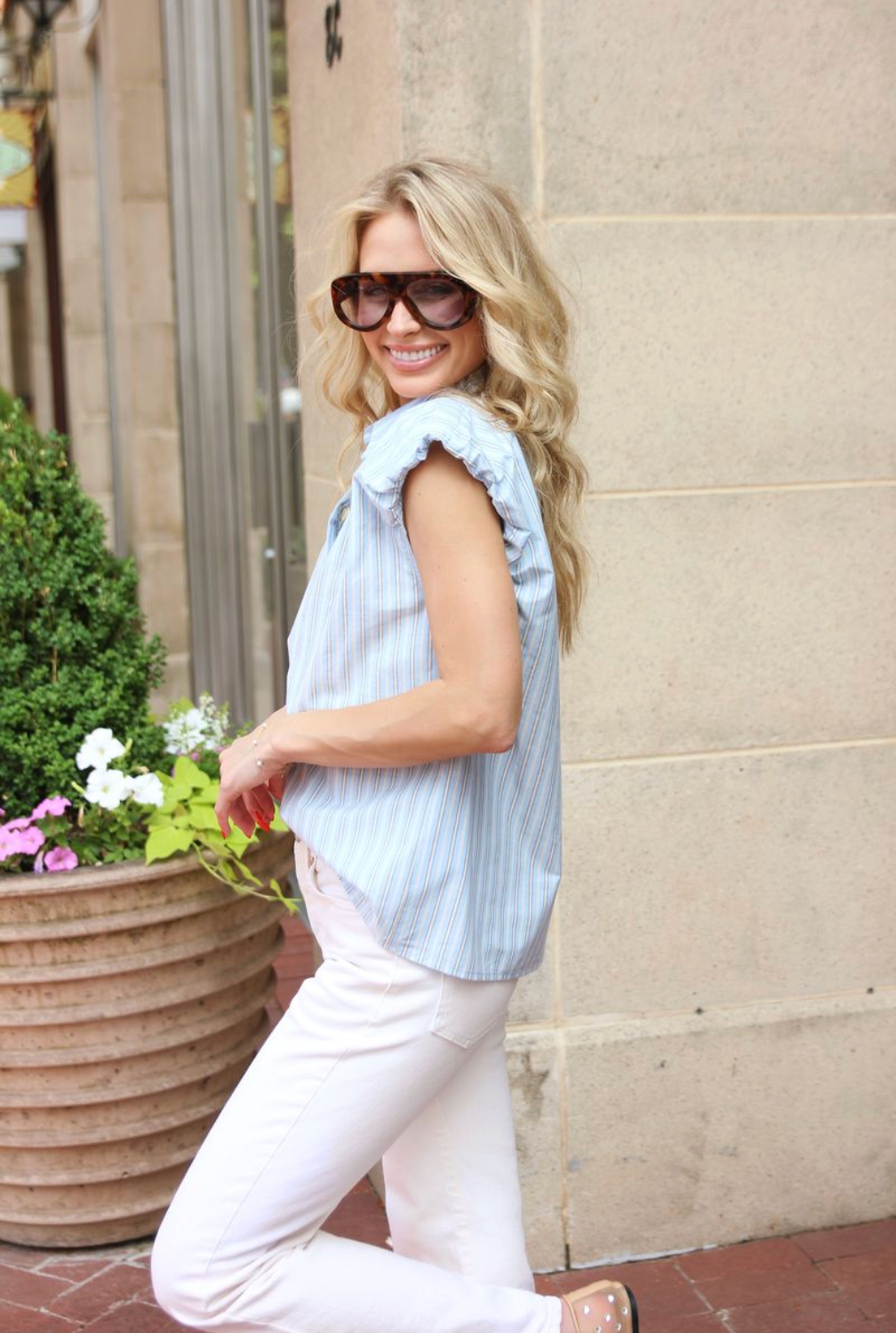 Carley Coastal Stripe Bubble Button Up Top