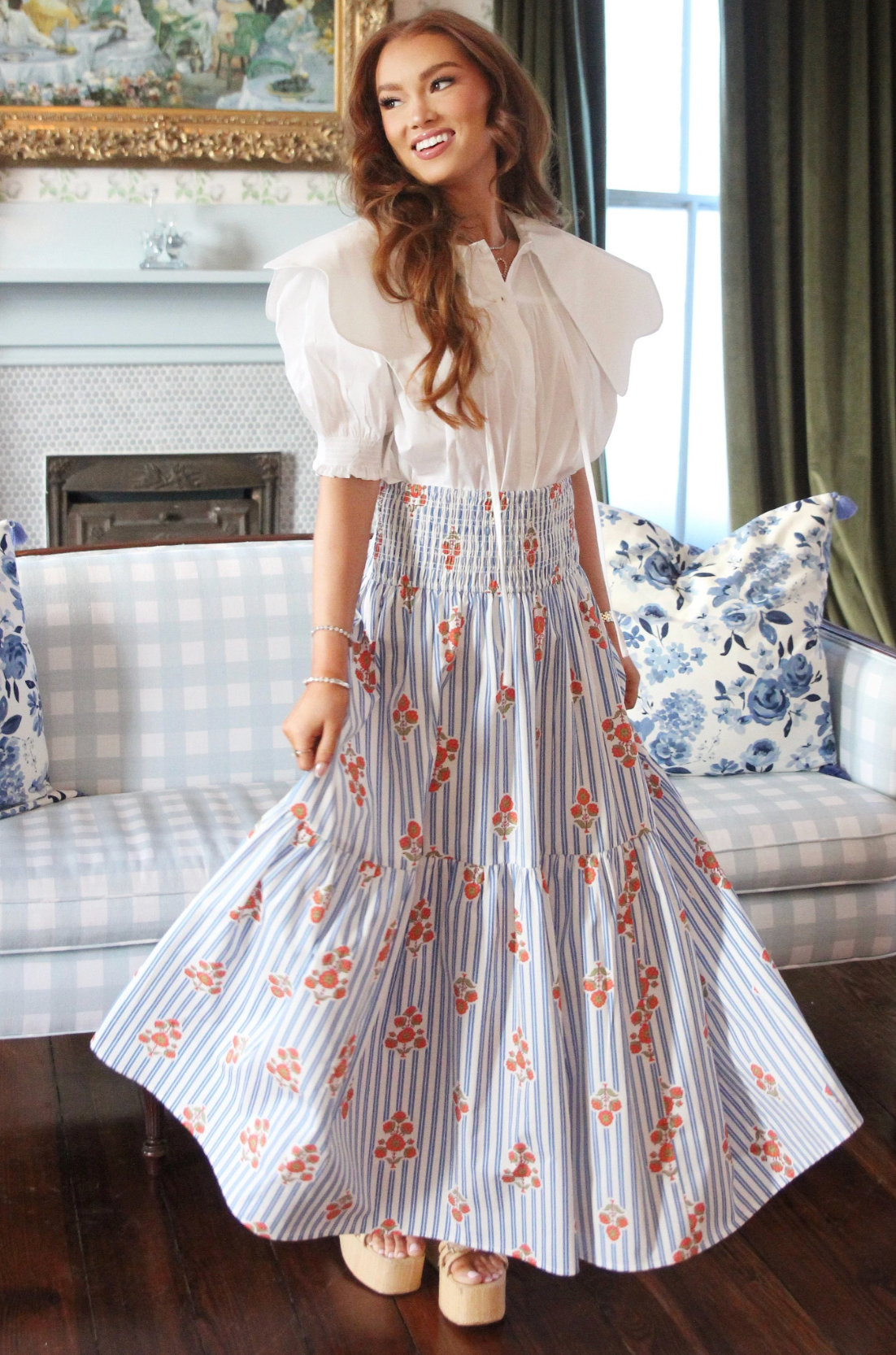 Bloom Stripe Floral Smock Tier Maxi Skirt