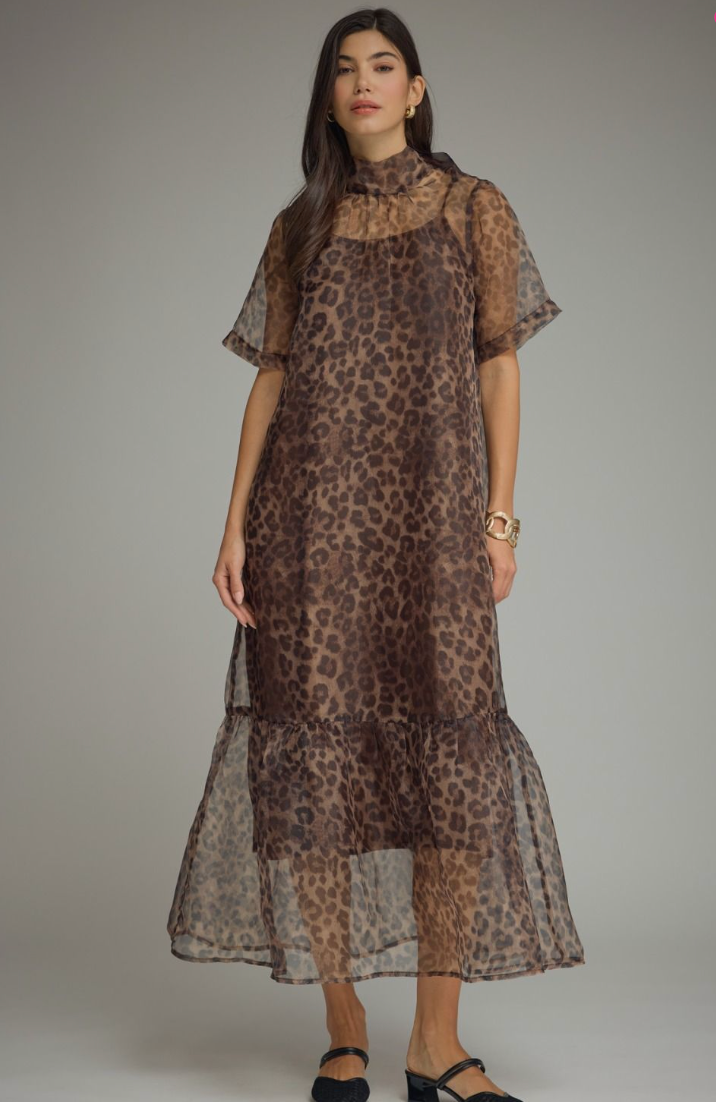 Leopard Print Sheer Overlay Maxi Dress