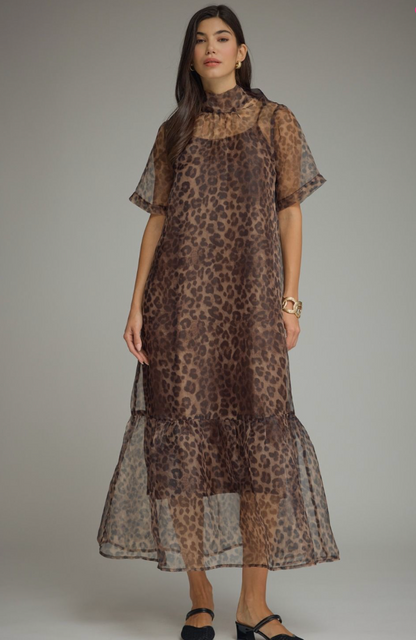 Leopard Print Sheer Overlay Maxi Dress