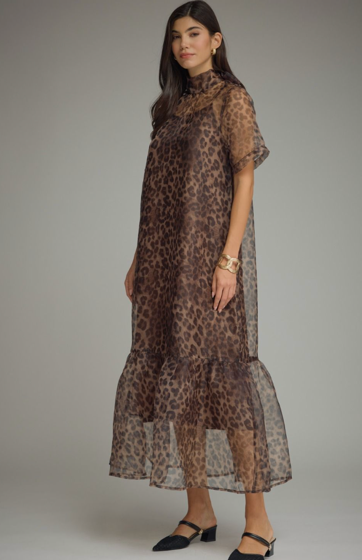 Leopard Print Sheer Overlay Maxi Dress