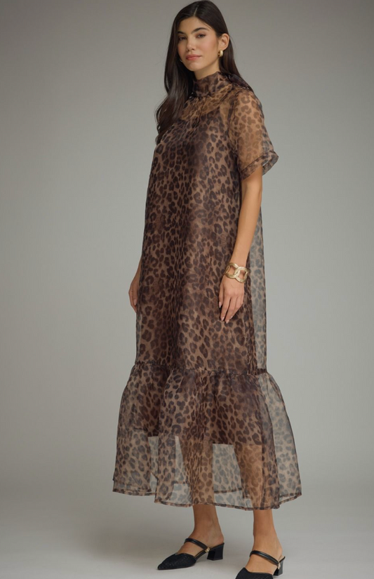 Leopard Print Sheer Overlay Maxi Dress