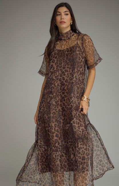 Leopard Print Sheer Overlay Maxi Dress