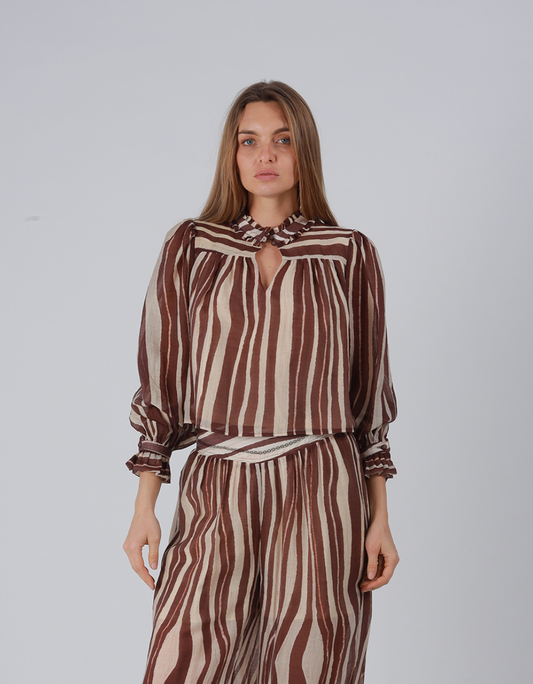 Mocha Striped Ruffle Blouse