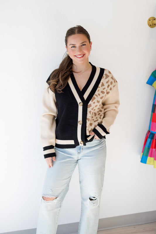 Leopard Knit Cardigan in Black