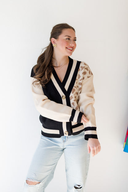 Leopard Knit Cardigan in Black