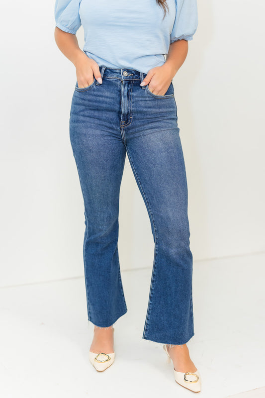 FINAL SALE Happy  High Rise Crop Flare in Dark Blue