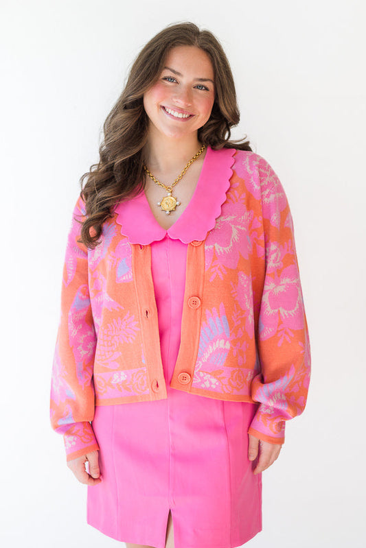 Floral Pattern Button Closure Crop Cardigan