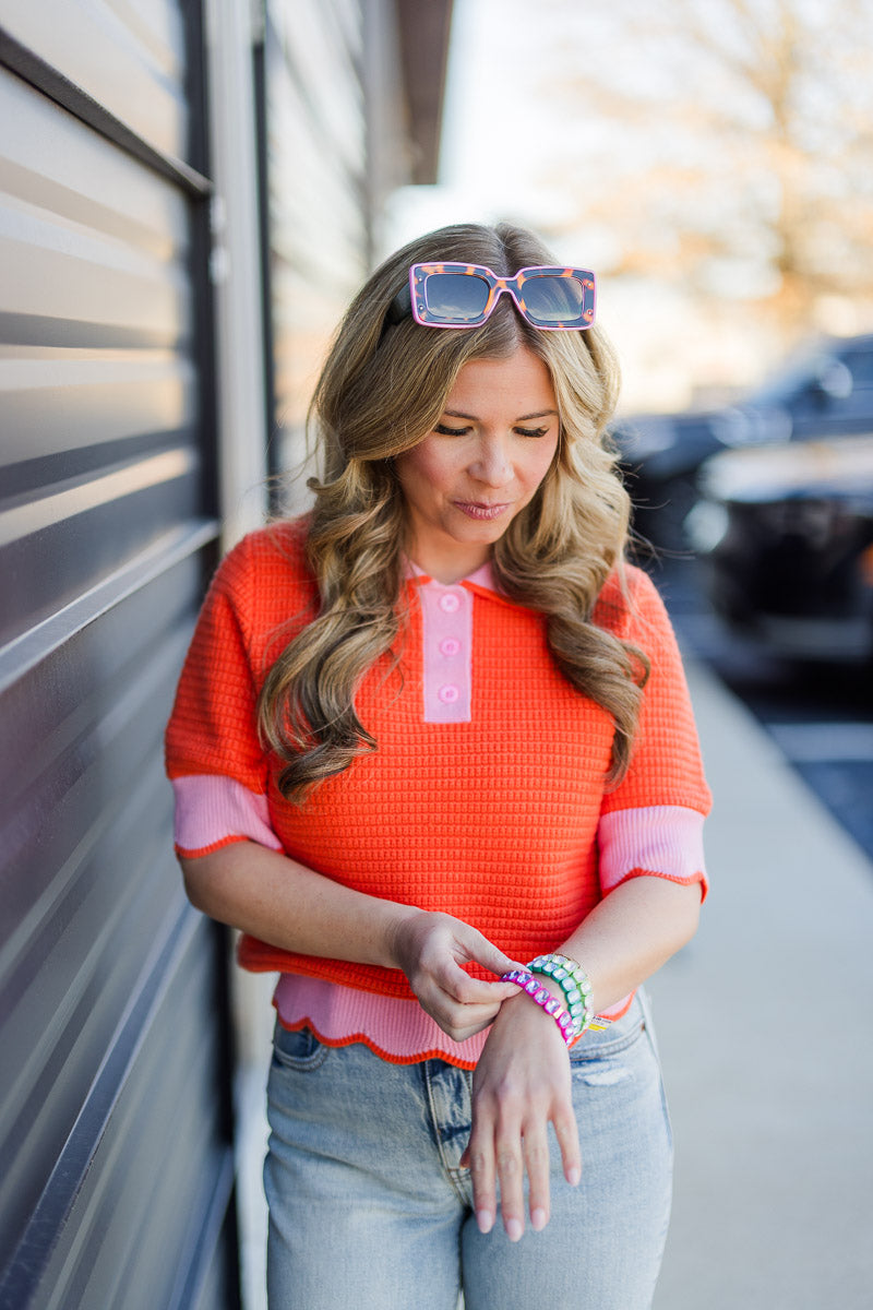 Orange Collared Short Sleeve Knit Top
