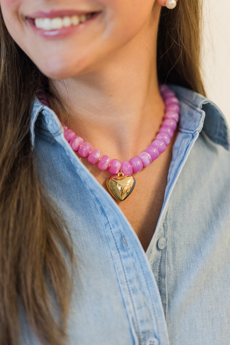 Chunky Beaded Gold Heart Necklace
