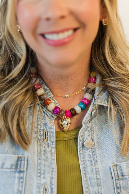 Chunky Beaded Gold Heart Necklace