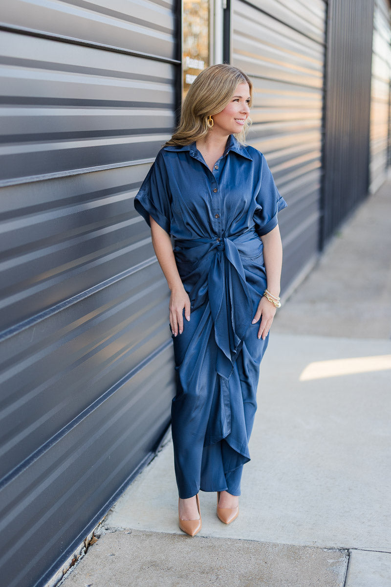 Final Sale-Satin Short Sleeve Midi Dress