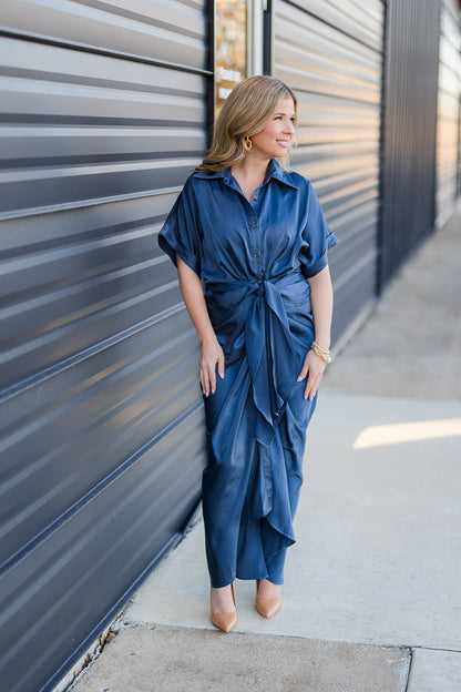 Final Sale-Satin Short Sleeve Midi Dress