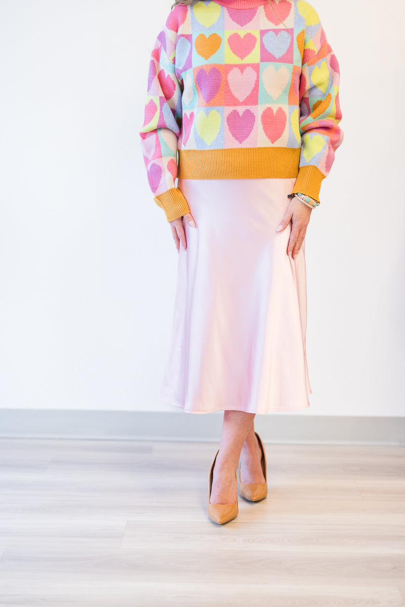 Pink Satin Midi Skirt