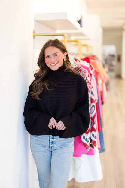 Black Mock Neck Wide Sleeve Top