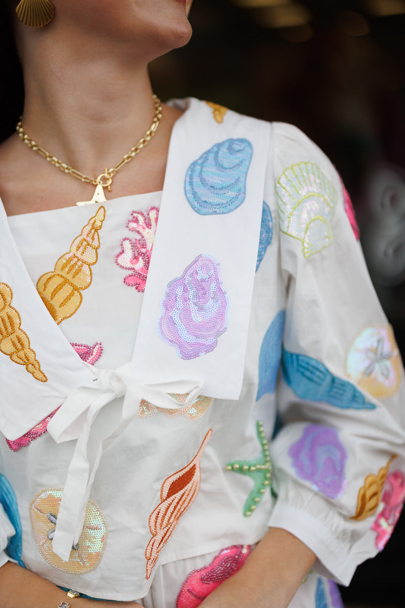 Sequins Shell Collared Top in White