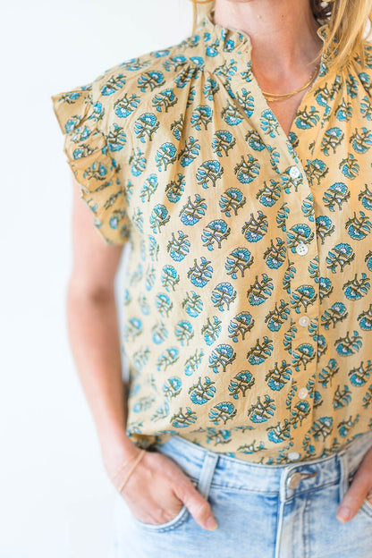 Ruffle Sleeve Flower Top in Khaki